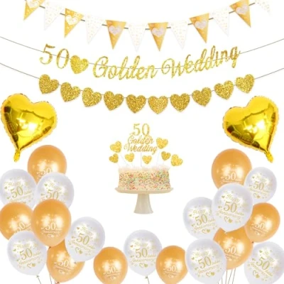 Image of Jiusely Golden Wedding Anniversary Decorations, 50th Decoration, Happy Decorations Banner