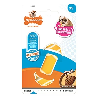 Image of Nylabone Puppy Dog Teething Rawhide Alternative Knot Chew Toy, Beef Flavour, Extra Small, for Puppies Up to 7 kg, 1 Count (Pack of 1)