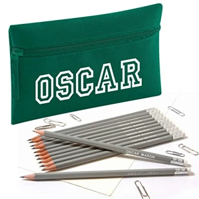 Image of Zip Pencil Case with Name and 12 Embossed HB Eraser Tipped Pencils (Bottle Green)