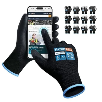 Image of KAYGO Work Gloves PU Coated 12 Pairs Touchscreen, KG11PBE, Safety Working with Secure Grip on Palm &amp; Fingers, for Men and Women, Ideal General Duty Work, Gardening (Medium, Black)