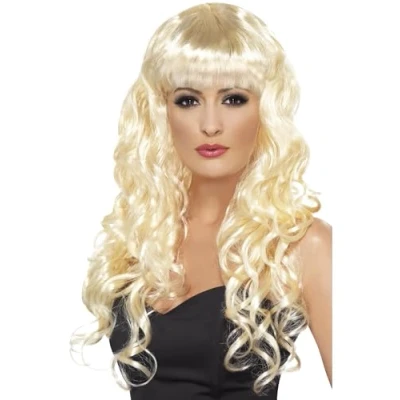 Image of Smiffys Siren Wig, Blonde Long, Curly with Fringe, Ladies Glamour Wigs Fancy Dress, Adult Dress Up
