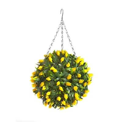 Image of Best Artificial TULIP Flower Ball Lush Long Leaf Topiary Grass (28cm, Yellow)