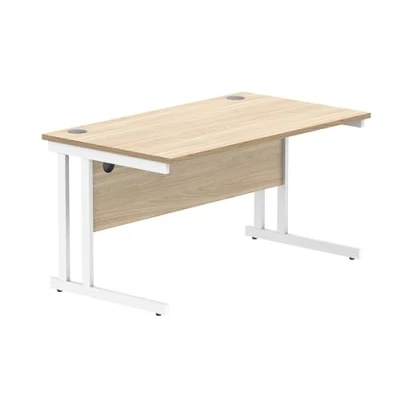 Image of Office Hippo Essentials Rectangular Writing Computer Work Place, Home Desk with Cable Port Management, Wood, Canadian Oak, 140x80cm