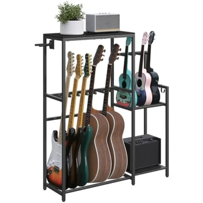 Image of MAHANCRIS Guitar Stand, Multi Rack, for Acoustic, Electric Guitar, Bass, Ukulele, 7 Guitars, AMP with Accessory Holder, EVA Cover, Home Studio, Black AGSHB8701