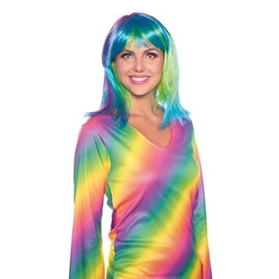Image of Folat 26715 Wig Long Bob Neon Rainbow, Ladies, Multi Colors, One Size fits Most Adults