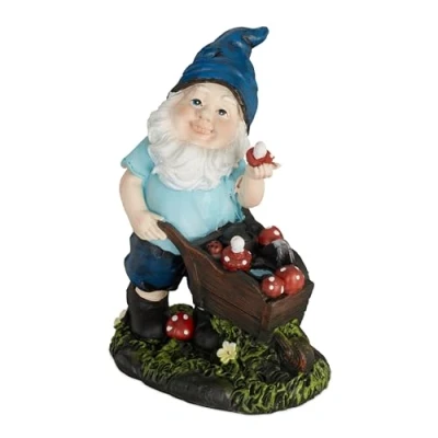 Image of Relaxdays Garden Gnome with Toadstools, Weather &amp; Frostproof, 14.5 x 10.5 7 cm, Figurine, Polyresin, Multicoloured, Synthetic Resin