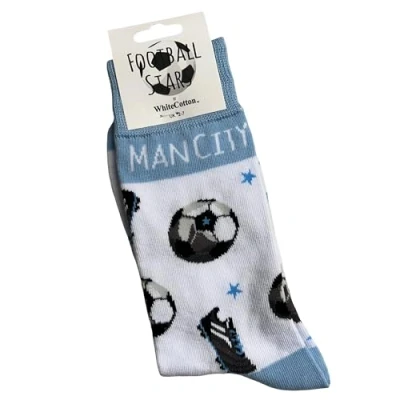 Image of WHITE COTTON CARDS Manchester Man City Football FC Citizens Fan Novelty Socks. Size UK Adults 8 12