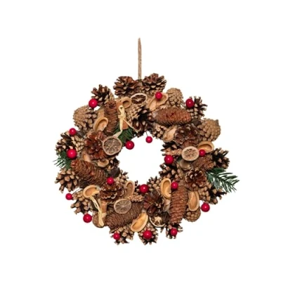 Image of 30cm Winter Spice Hanging Christmas Wreath with Pine Cones Red Berries &amp; Dried Fruit