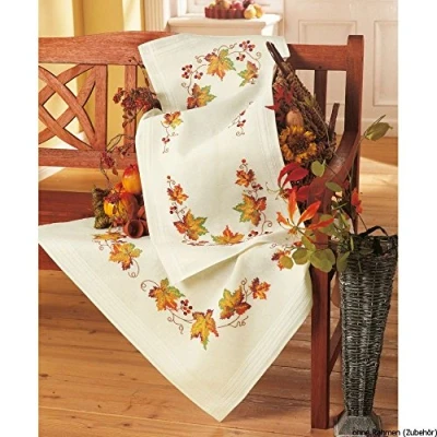 Image of Vervaco Embroidery: Tablecloth: Autumn Leaves, 100% Cotton, Multi Colour, 40 x 21 20 cm
