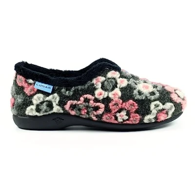 Image of Lunar Ladies&#039; Hippy Black Flower Full Slippers Cozy Floral Print, Cushioned Insole, Easy Slip On Design, Warm Lined, Durable Indoor Rubber Sole 4