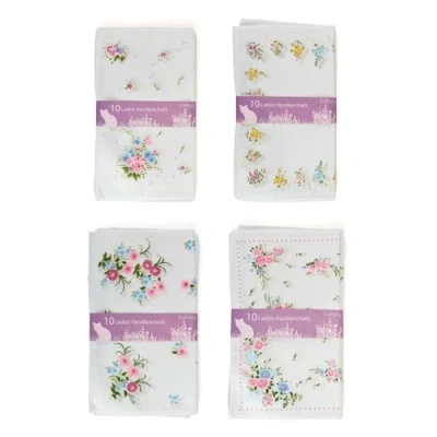 Image of KAV 10.5x10.5 CM Ladies 10pk Printed Hankies 65% Polyester, 35% Cotton Soft &amp; Durable Handkerchiefs for Women, Mother, Wife, and Friends Stylish Prints, Ideal Everyday Use White