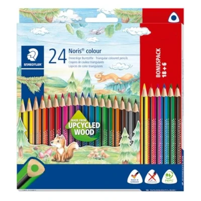 Image of STAEDTLER Noris Colour Coloured Pencils (Increased Break Resistance, Triangular Shape, Attractive Design, Ergonomic Soft Surface, WOPEX Material, Bonus Set of 24 Brilliant Pens in Cardboard Case), 187