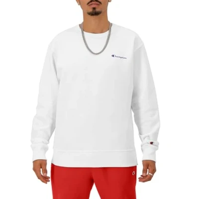 Image of Champion Men&#039;s Crewneck, Powerblend Fleece, Hoodie Sweatshirt Logo (Reg. Or Big &amp; Tall), White Small Script, S