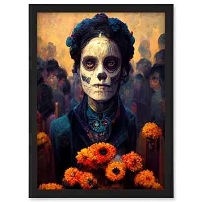 Image of Day Of Dead Skull Marigold Flowers Artwork Framed Wall Art Print A4