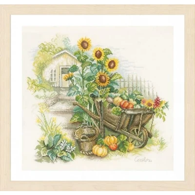 Image of Lanarte PN 0007988 Wheelbarrow and Sunflowers Counted Cross Stitch Kit, Cotton, Multi Colour, Approx. 43 x 37 cm / 17.2 14.8 inches.