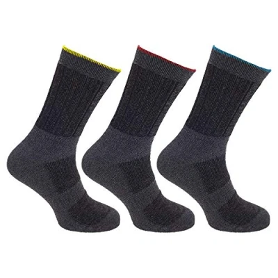 Image of Harperandyork 3 Pair Men&#039;s Hardwearing Soft Elasticated Welt Ankle &amp; Foot Support Work Socks Grey Ribbed Yellow Red Blue Band Tough Warm UK 7 11