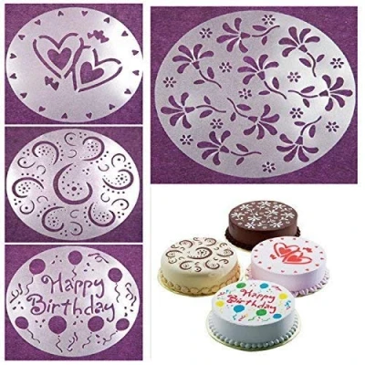 Image of 4 Pieces Flower Heart Spray Stencils DIY Birthday Cake Mold Tiramisu Decorating Bakery Tools
