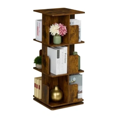 Image of Relaxdays Rotating Bookcase, 360 Degree Swivel, 3 Tiers, 95x39x39 cm Shelves for Books &amp; CDs, Industrial Design, Brown, Steel, Fibreboard