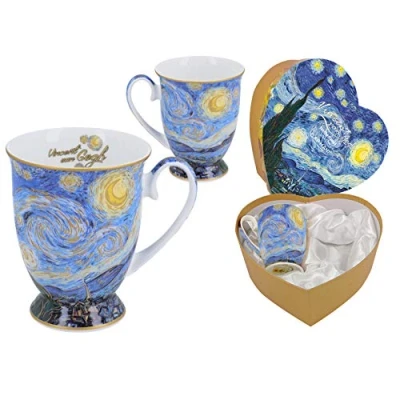Image of Carmani Set of 2 Fine Bone China Mug for Tea, Coffee in a Gift Box with Vincent Van Gogh The Starry Night 400 ml