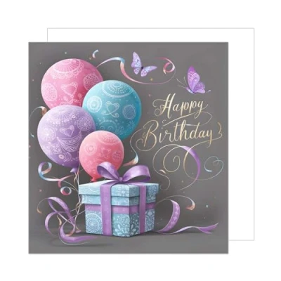 Image of Edition Seidel premium square Birthday Card with envelope. Happy Billet for Woman Man Gift Balloons (GQ289 SW024)
