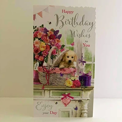 Image of Jonny Javelin Birthday Wishes Just for You Card Puppy in Basket Flowers