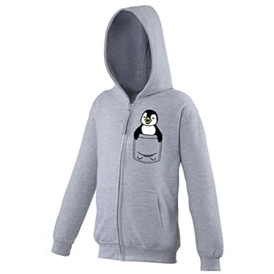 Image of Youth Kids Childrens Zip Up Hoodie Penguin Cute Animal Pocket Print Heather Grey 12 13 Years (XL)