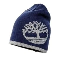 Image of Timberland Mens Womens Unisex Reversible Logo Beanie Hat in Navy Blue and Grey One Size