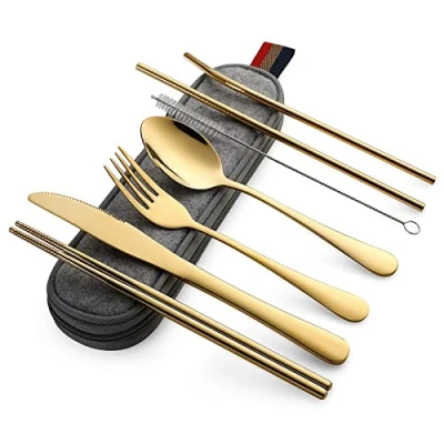 Image of DEVICO Camping Cutlery, Travel Cutlery Set with Case, Portable Stainless Steel Utensils Include Knife Fork Spoon Chopsticks Straws Brush (Gold)