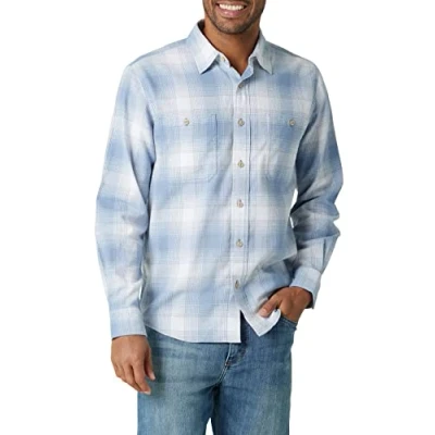 Image of Wrangler Authentics Men&#039;s Cloud Flannel Woven Shirt Button, Faded Denim, S