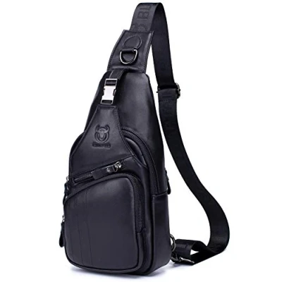 Image of BULLCAPTAIN Leather Men Sling Bag Casual Crossbody Chest Bags Travel Daypack, Black, S, Backpacks