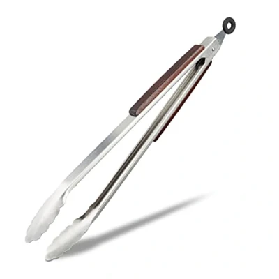 Image of Relaxdays Stainless Steel Kitchen Tongs, Wooden Handle, 38 cm Serving Tool, Kitchenaid, Silver