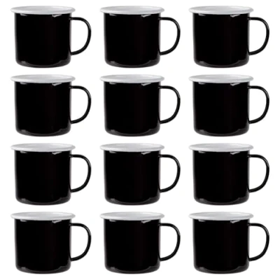 Image of Argon Tableware Coloured Enamel Mugs Metal Outdoor Camping Tea Coffee Hot Drinks Cups Set 375ml Black Pack of 12