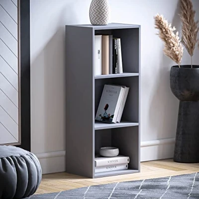Image of Vida Designs Oxford 3 Tier Cube Bookcase, Grey Wooden Shelving Display Storage Unit Office Living Room Furniture