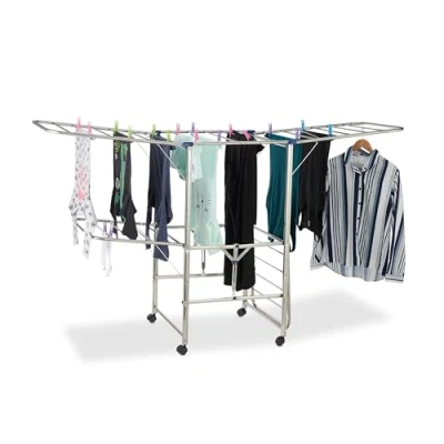 Image of Relaxdays XXL Clothes Drying Rack, Standing, Tower Airer on Wheels, Foldable, HWD 111 x 185.5 53 cm, Silver