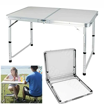Image of Folding Table Picnic Outdoor Party Dining with Portable Handle, Ideal for Camping Buffet Wedding Market Garden, 4ft 120cm, Aluminum Frame &amp; Adjustable Height