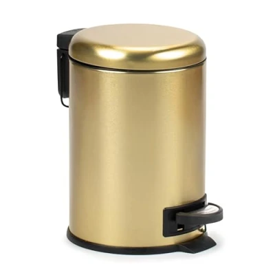 Image of TATAY Bathroom Trash Bin with Stainless Steel Pedal, 3L Capacity, Removable Inner Case, Cushioned Drop Closure, BPA Free, Gold. Measures 17,5 x 22,5 25 cm.