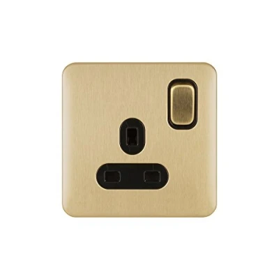 Image of Schneider Electric Lisse Screwless Deco Switched Single Power Socket, 13A, Double Pole, GGBL3010DBSB, Satin Brass with Black Insert