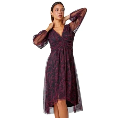 Image of Roman Womens Abstract Twist Front Chiffon Plisse Dress Red Size 10 UK