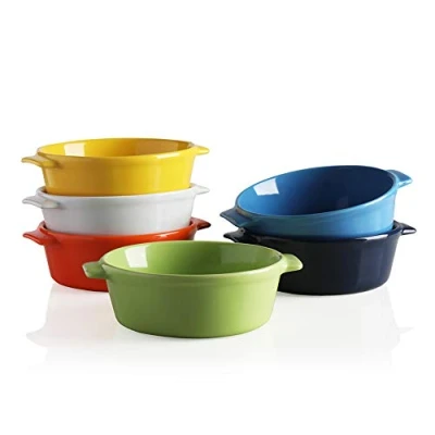 Image of Sweejar Home Ceramic Souffle Dishes, Round Handle Ramekins Baking, 300ml for Pudding,Creme Brulee,Souffle Set of 6 (Multicolour)