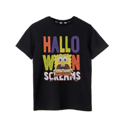 Image of SPONGEBOB SQUAREPANTS Kids Halloween T Shirt Black Short Sleeve Graphic Tee for Children Sponge Bob Screams Seasonal Costume Top Spooky Holiday Cartoon Gift Boys &amp; Girls