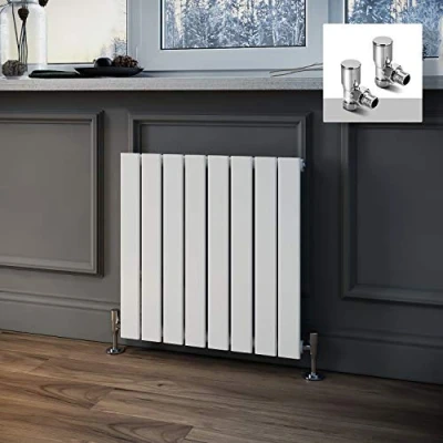 Image of 600 x mm White Column Radiator Horizontal Single Flat Panel Designer with Angled Valves