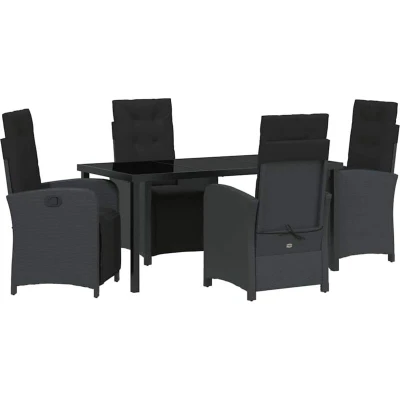 Image of vidaXL 5 Piece Garden Dining Set with Cushions Black Poly Rattan