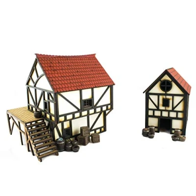 Image of War World Gaming Medieval Cottage and Townhouse Set (painted/unpainted) with Resin Accessories 28mm/Heroic Fantasy Wargaming Terrain