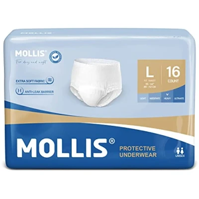 Image of MOLLIS Incontinence Pants Women &amp; Men, Adult Pull Up Pants, Unisex Disposable Protective Underwear, High Absorbency, Odor Control, Large (1 Packs of 16)