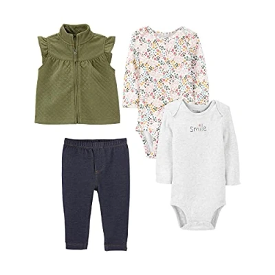 Image of Simple Joys by Carter&#039;s Baby Girls&#039; 4 Piece Playwear Set Fashion Vest, Grey/Indigo/Olive/White Floral, 0 Months (Pack of 4)