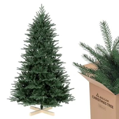 Image of SALCAR Artificial Christmas Tree Full Realistic Spruce Pine Xmas with PE &amp; PVC Branch Tips and Sturdy Wooden Stand, Quick Setup for Effortless Holiday Décor (6FT/180CM)