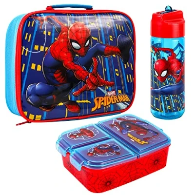 Image of Zawadi Global Spiderman Kids Childrens Lunch Box Set Insulated Bag, Multicompartment &amp; 540ml Water Bottle School Travel Food Set, BPA Free