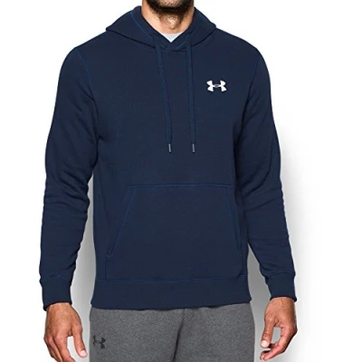 Image of Under Armour Rival Fitted Pull Over, Breathable Running Hoodie Made of Stretchy Material, Hooded Jumper with Practical Kangaroo Pocket Men, NavyBlue (Midnight Navy/White (410)), M