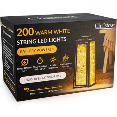 Image of CHRISTOW Christmas Fairy Lights Battery Operated, White LED String Lighting with Timer, Indoor &amp; Outdoor, 8 Light Modes Flashing Static Glow, Clear Cable (200 / 20m Lit Length)