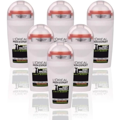 Image of L&#039;Oréal Paris Men Expert 48H Shirt Protect Anti Perspirant Roll On Deodorant for Men, 50ml Pack of 6, Bulk Buy